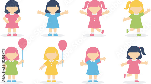 Comprehensive Colorful Little Girl Icon Set Featuring Vector Symbols of Child Holding Balloons Thumbs Up and Joyful Poses
