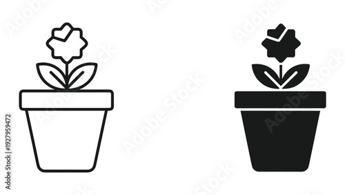 Flower in Pot Icon - Line Art and Solid Black Vector Graphics