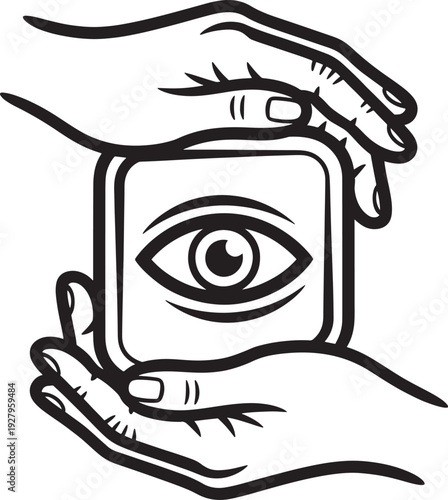 Hands holding a stylized eye symbol, abstract illustration for concept of vision or protection