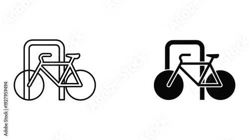 Set of two bicycle parking icons: line art and solid silhouette, isolated on white background