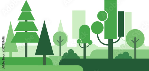 Vibrant green cityscape with stylized trees and modern buildings, representing urban nature and sustainable development, ecological harmony in city planning