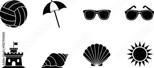 Collection of summer beach icons including volleyball, umbrella, sunglasses, castle, shells, and sun