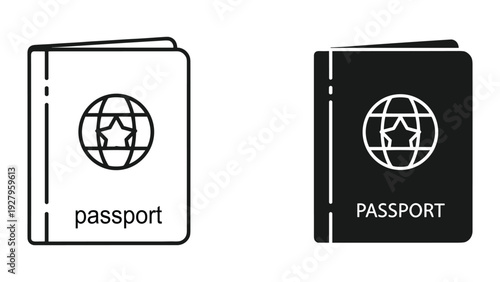 Passport icon and silhouette with globe and star for travel and international identity