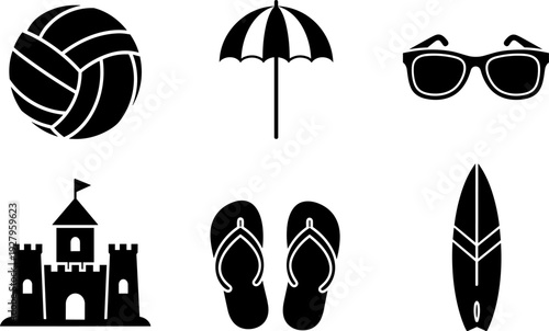 Collection of black beach vacation icons including a volleyball, umbrella, sunglasses, sandcastle, flip-flops, and surfboard