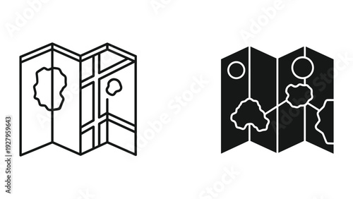 Folded Map Icons - Line Art and Solid Silhouette Styles for Navigation and Travel Concepts