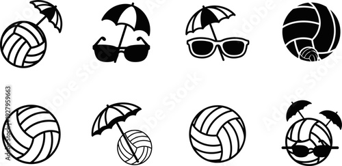 Collection of beach volleyball icons with sunglasses and umbrellas for summer fun