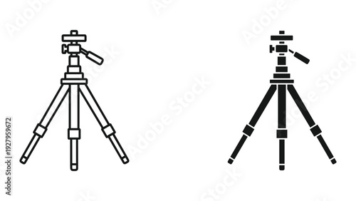 Simple Line Art and Solid Silhouette of a Camera Tripod, Isolated on White Background