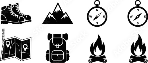 Collection of outdoor adventure icons including a boot, mountains, compass, map, backpack, and campfire