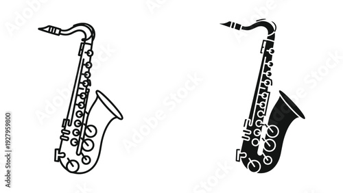 Saxophone icon set: outline and silhouette, musical instrument, jazz and blues, vector illustration