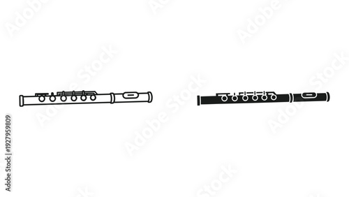 Modern Line Art and Silhouette of a Flute, Isolated on White Background