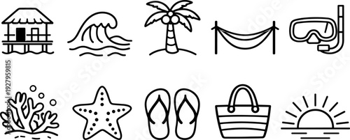 Collection of simple line art icons representing a tropical beach vacation and ocean life