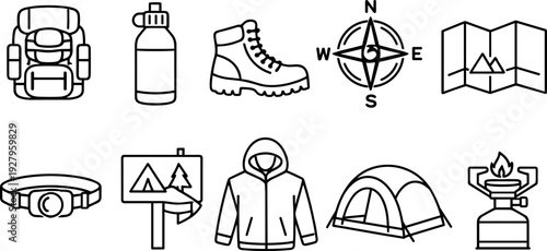 Collection of outdoor adventure and camping icons for hiking and exploration