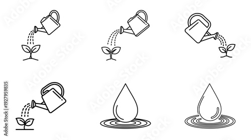 Illustration of Watering can pouring water on plants and droplets