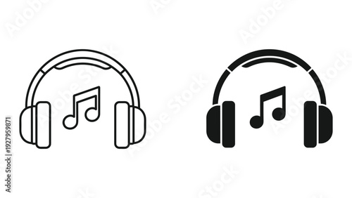 Headphones and Music Notes Icon Set: Line Art and Solid Fill Versions