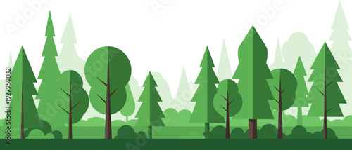 Vibrant stylized flat design illustration of a diverse green forest landscape, showcasing various trees and bushes, ideal for nature-themed digital backgrounds and ecological projects