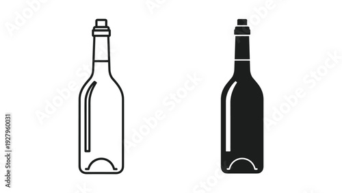 Set of two wine bottle icons: outline and silhouette, isolated on white background, vector illustration.