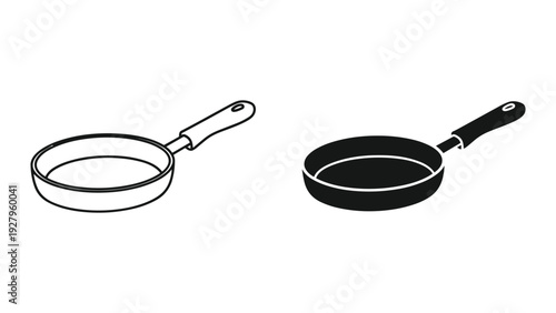 Two frying pans, one line art and one solid silhouette, isolated on white background