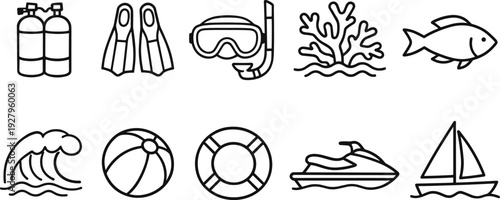 Collection of simple line art icons representing various water sports and marine life