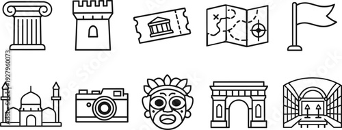 Collection of travel and landmark icons representing cultural tourism and exploration