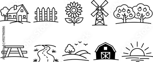 Collection of simple line art icons representing rural farm life and landscapes