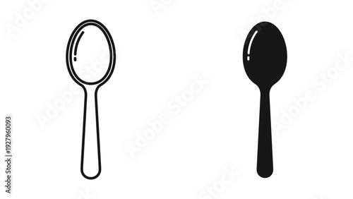 Outline and Solid Black Spoon Icons Isolated on White Background, Vector Illustration