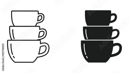 Stack of three coffee cups, outline and solid silhouette icons, isolated on white background