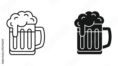 Beer Mug Icon Set: Line Art and Solid Fill Style for Beverage and Celebration Concepts