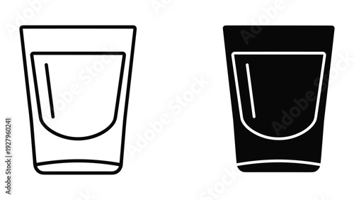 Two shot glasses icon, outline and filled black, isolated on white background, beverage container symbol