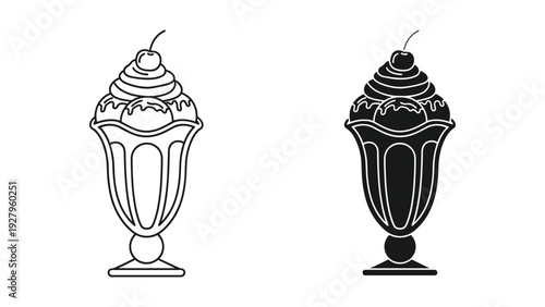 Ice Cream Sundae Icon Set: Outline and Silhouette for Desserts and Treats