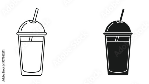 Outline and Silhouette of Disposable Plastic Cup with Dome Lid and Straw for Takeaway Drinks