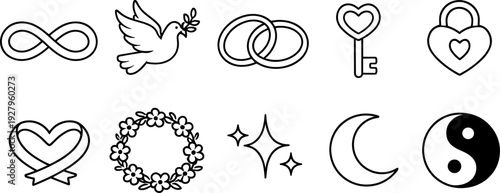 Collection of simple line art icons representing love, peace, and harmony