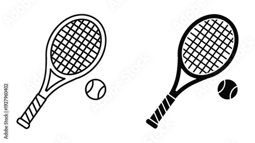 Tennis Racket and Ball Icons: Line Art and Silhouette Comparison for Sports and Fitness Concepts