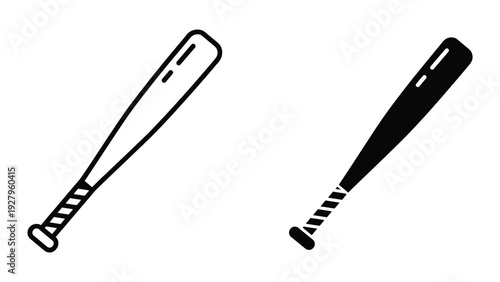 Baseball Bat Icons: Outline and Silhouette, Isolated on White Background