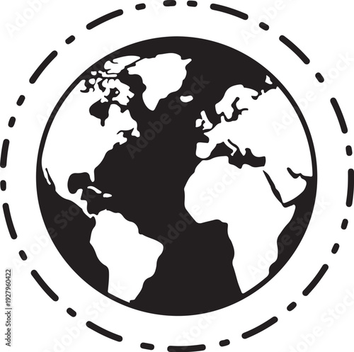 Globe with dashed circle, world map and international travel symbol for global connection and exploration of continents