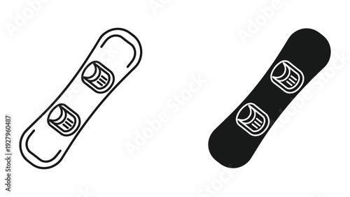 Snowboard Icon Set: Outline and Solid Black Versions on White Background