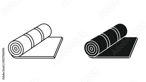 Yoga Mat Rolled Out and Rolled Up Icons, Line Art and Silhouette, White Background