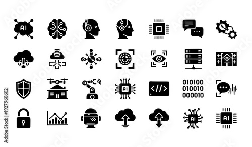 Artificial Intelligence Solid Black Icon Set Modern AI Technology Symbols Collection Vector