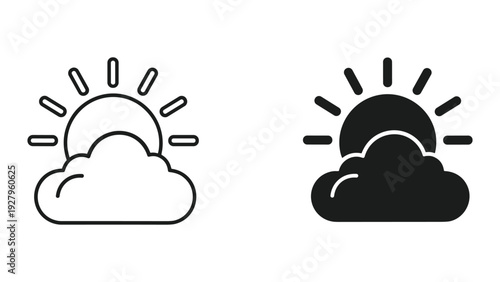 Sun behind cloud icon, set with outline and solid silhouette, weather symbol, vector illustration