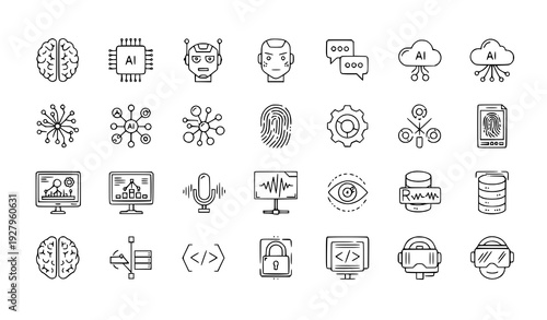 AI Line Icon Set Minimal Monoline Artificial Intelligence Technology Vector Collection