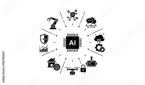 Modern AI Technology Icon Pack Solid Black Artificial Intelligence Symbols Vector Set