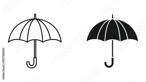 Set of two umbrella icons, outline and solid fill, isolated on white background, vector art