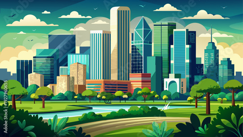 Very beautiful aerial cityscape portrait of Downtown Houston, Texas, with lush green park in the foreground contrasting elegantly against towering glass and steel skyscrapers.