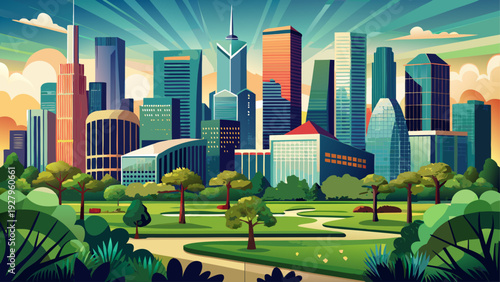 Very beautiful aerial cityscape portrait of Downtown Houston, Texas, with lush green park in the foreground contrasting elegantly against towering glass and steel skyscrapers.