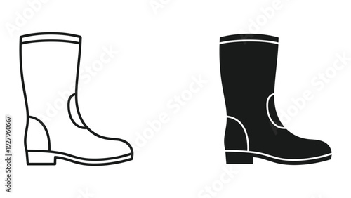 Rain Boots and Rubber Boots Icons: Line Art and Silhouette Set