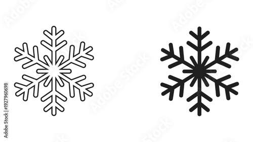 Two Simple Snowflake Icons, Outline and Solid Fill, Isolated on White Background