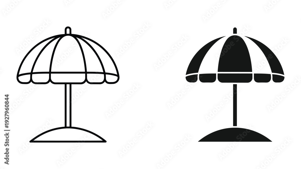 Fototapeta premium Beach Umbrella Icon Set: Outline and Solid Fill Styles, Minimalist Design on White Background