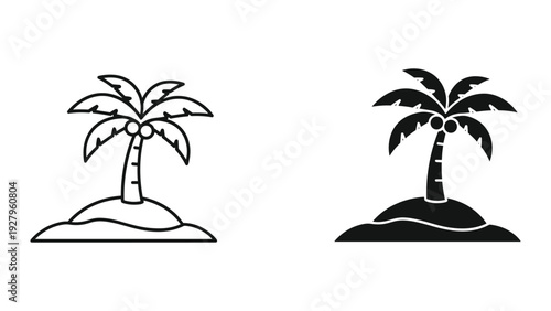 Set of Palm Tree Icons on Island, Line Art and Silhouette, Tropical Vacation and Beach Concept