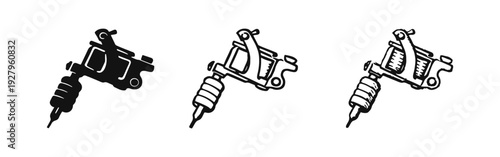 Tattoo machine icons set. Hand-drawn rotary tattoo gun vector illustration in solid, outline, and sketch styles.