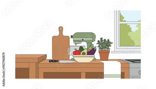 Cozy kitchen setup with mixer and fresh vegetables on countertop