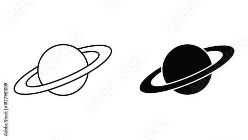 Saturn Planet Icon Set - Outline and Silhouette Symbols of Gas Giant with Rings